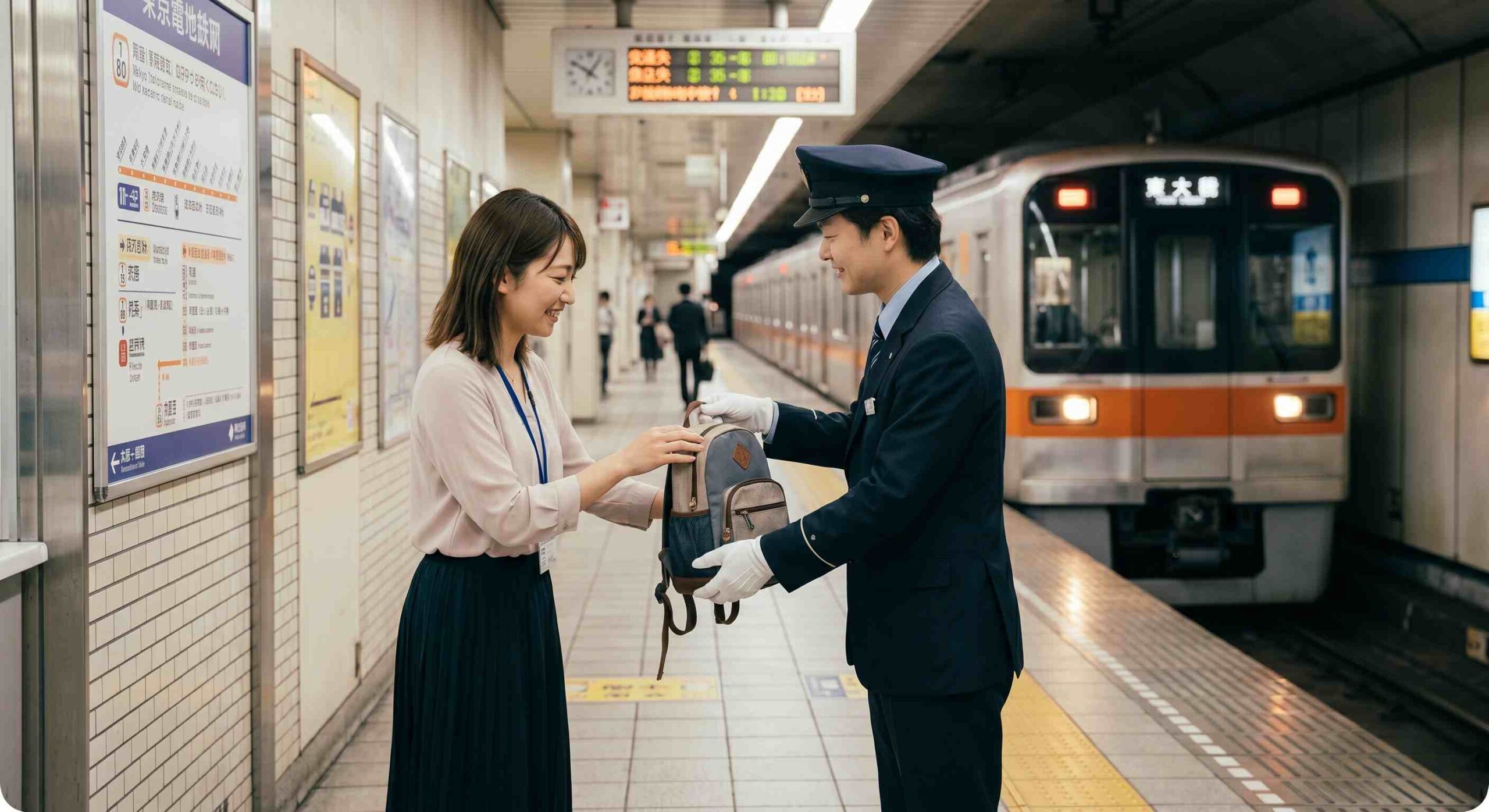 A station staff member in Tokyo returning a lost backpack to a traveler